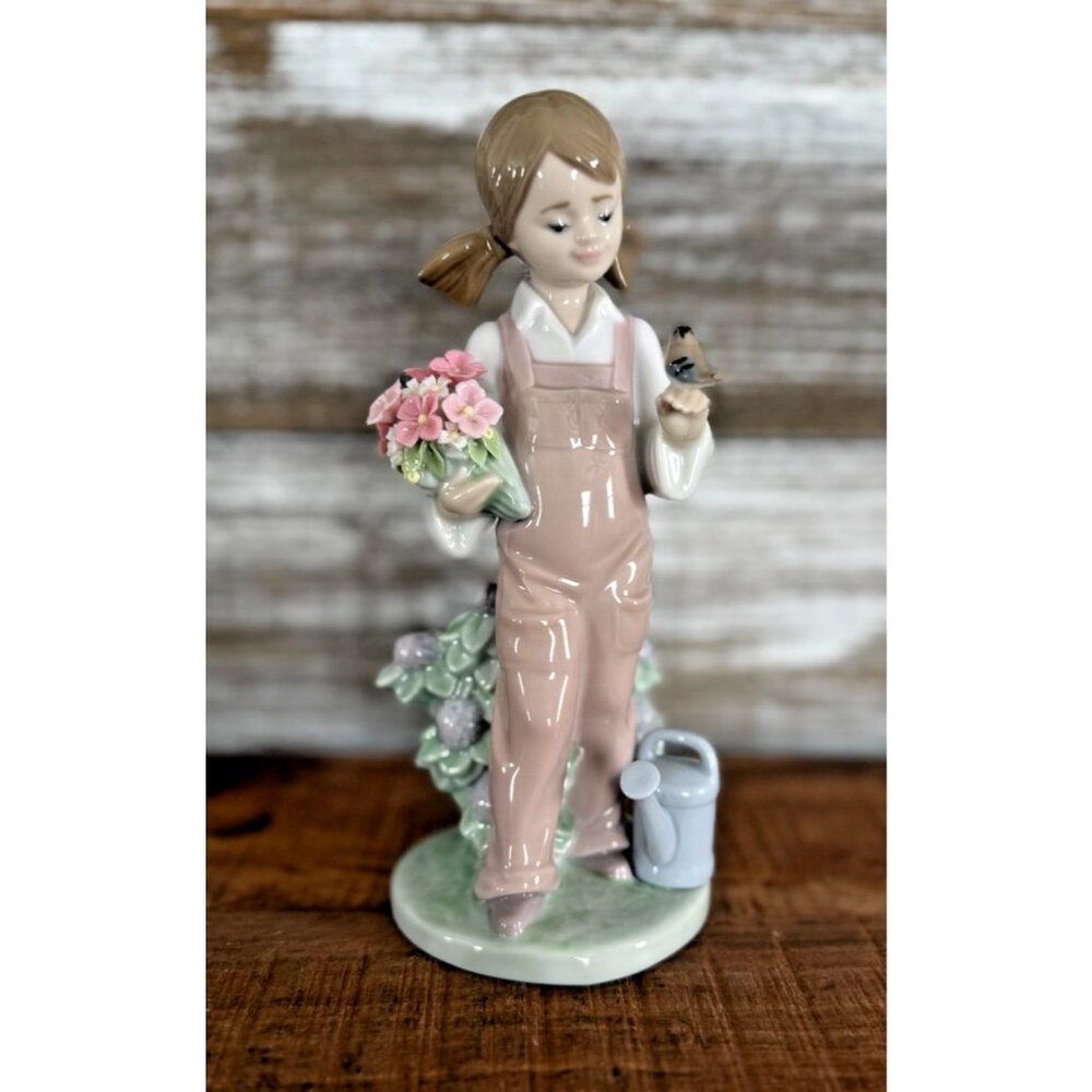 Vintage Lladro Spring Girl Flowers & Bird #5217 Glossy Porcelain Figurine 7"